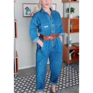 Vintage Ideas Denim Jumpsuit Medium Wash Blue Cotton Denim Waist Utility Romper
